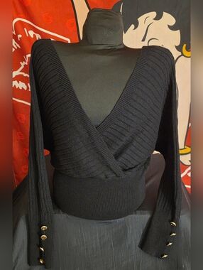 Celure Button Detailed Batwing V-Neck Wrap Sweater with Gold Button Cuffs